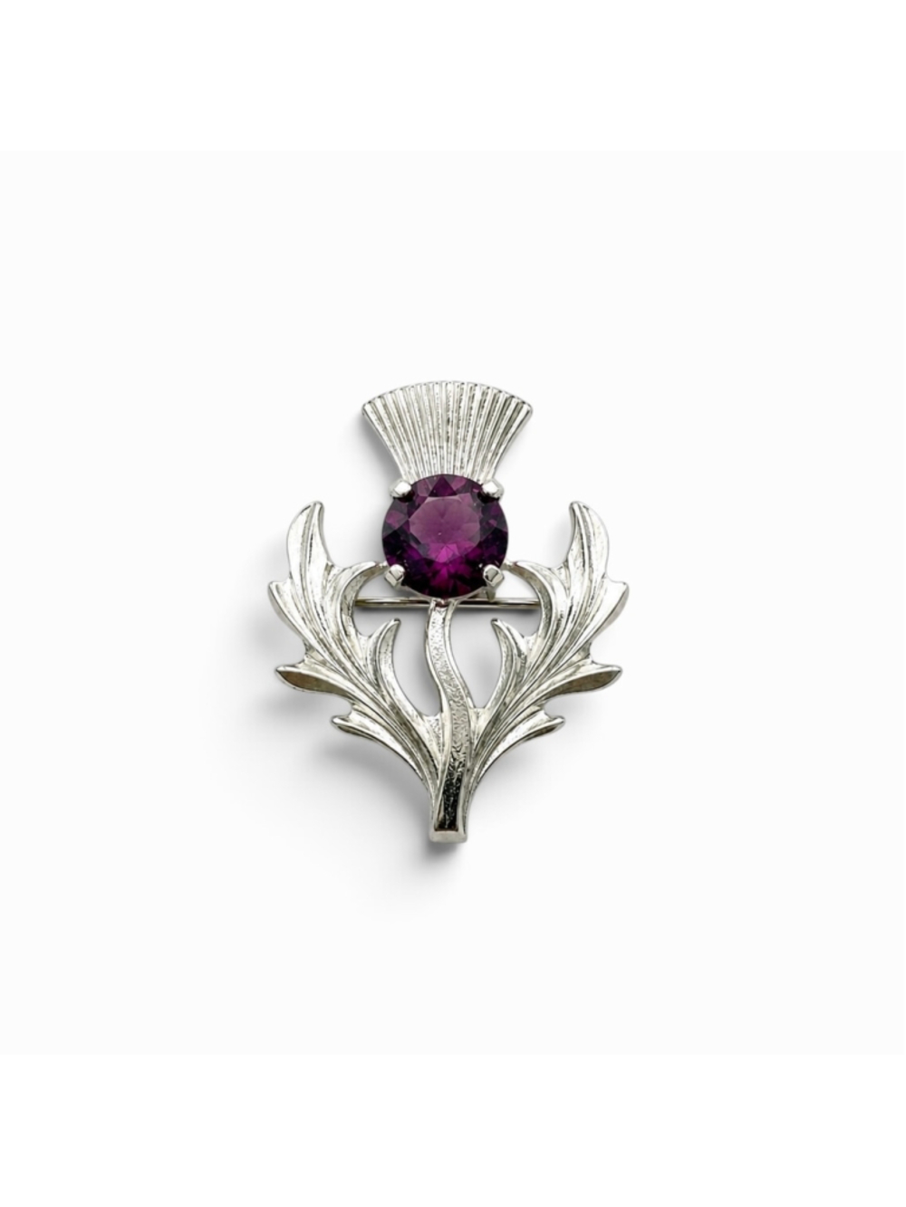 Vintage Scottish Thistle Brooch Purple Rhinestone Celtic Kilt Pin Silver Tone